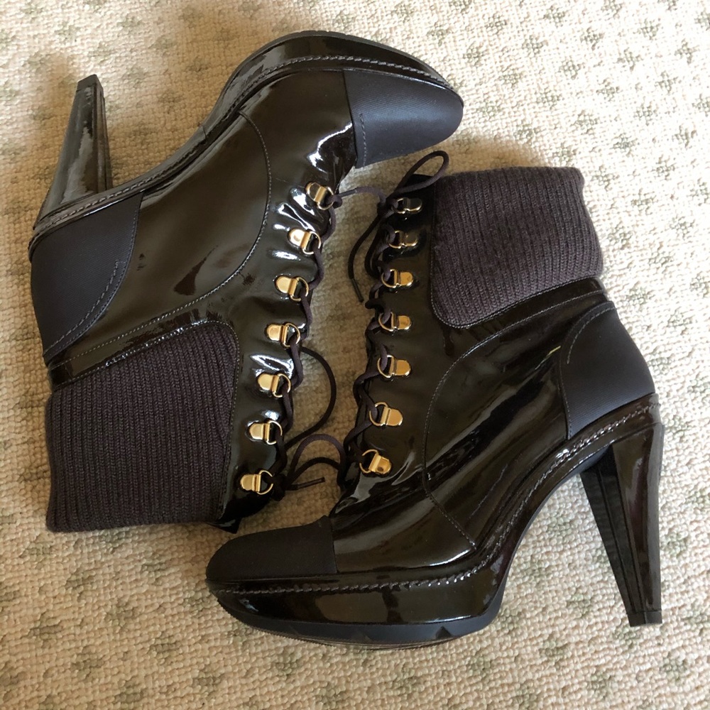 Via Spiga Brown Patent/Fabric Platform Boots Sz. 8